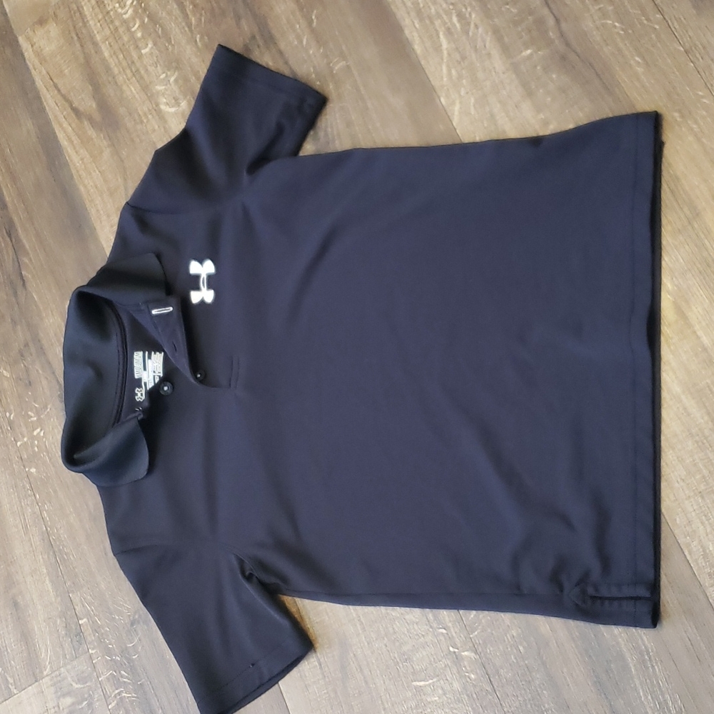2 EUC Youth medium 1 black and 1 blue and orange UnderArmor polos. 10-12